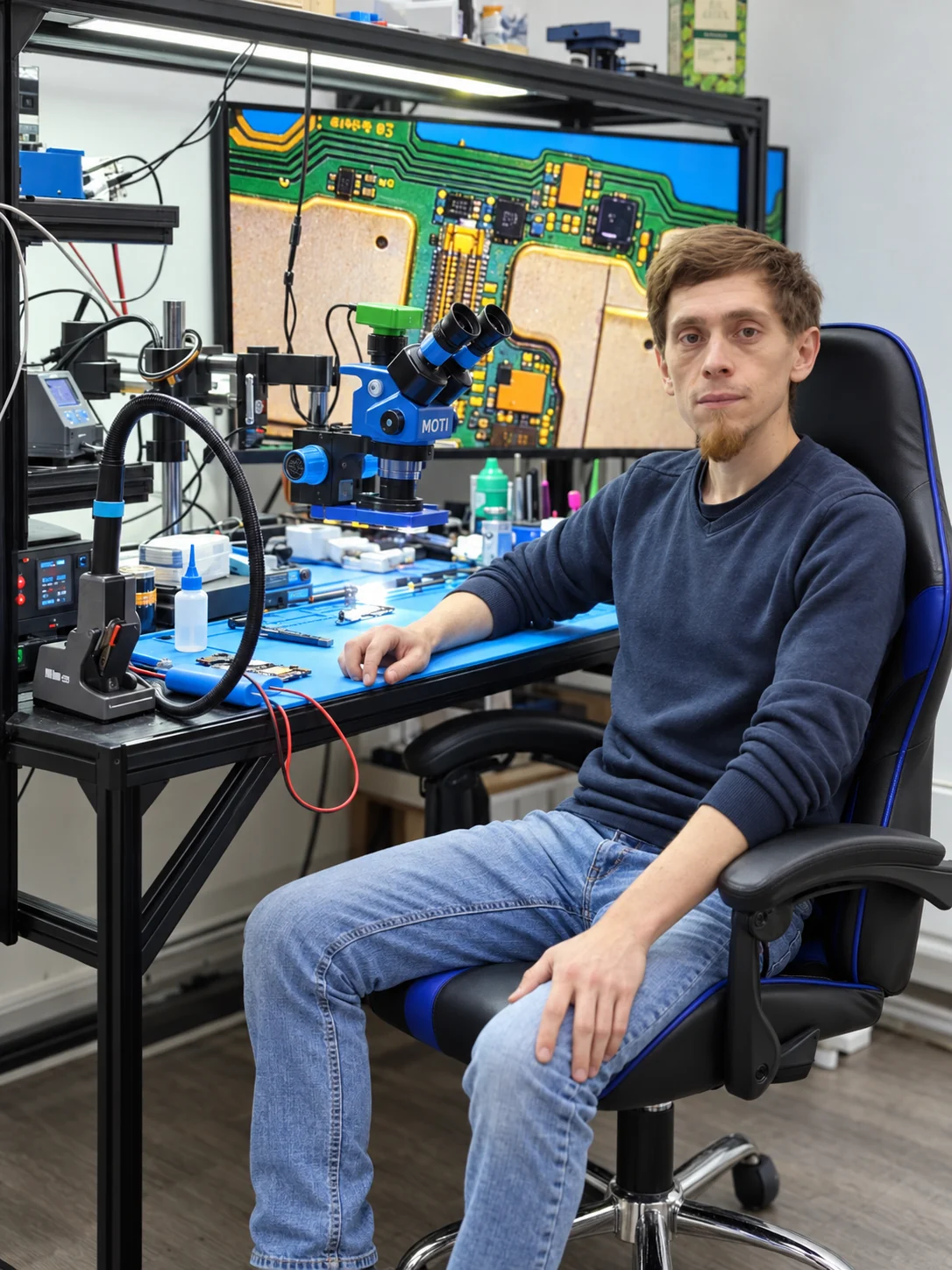 Claudio Muñoz en su taller de Valdivia, junto al microscopio y su mesa de reparación de celulares.